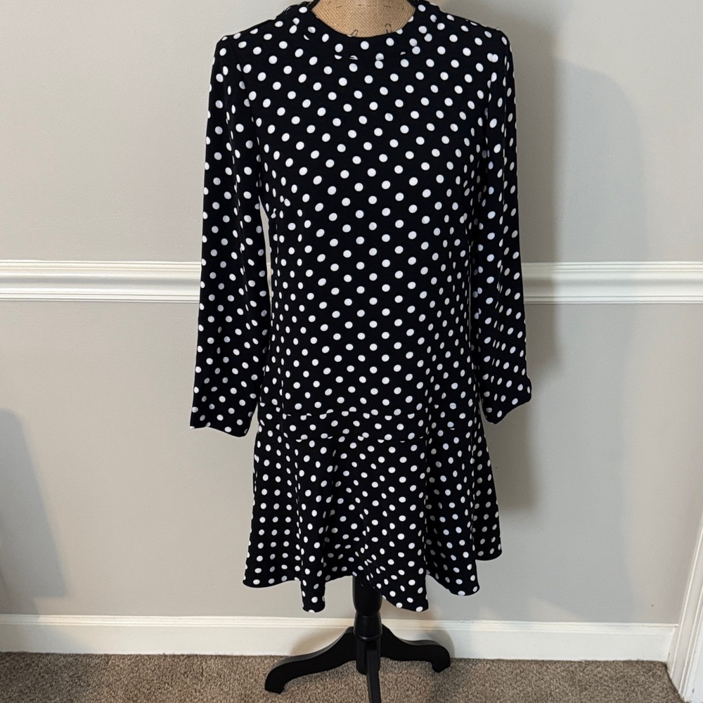 Michael Kors Black and White Polka Dot Long Sleeve Dress